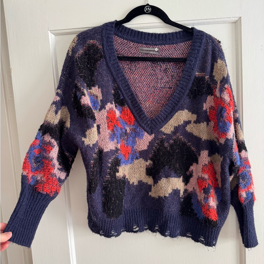 Anthropologie Blue and Red V-Neck Sweater